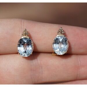 Vintage 14k Solid Yellow Gold Natural Sky Blue Topaz & Diamond Clip on Earrings